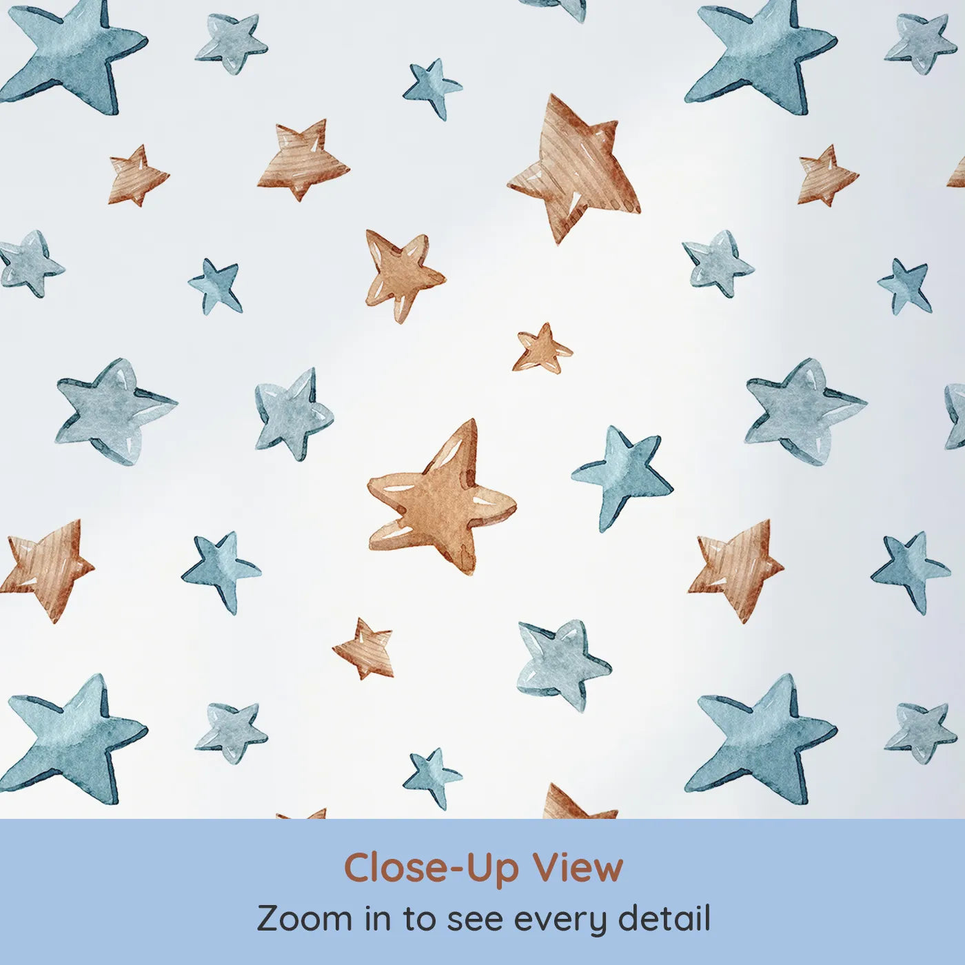 Close-up view of Whimsy Tots' Starlight Scribbles Wallpaper in White (W3411A).Watercolor stars dance playfully across a bright white sky.