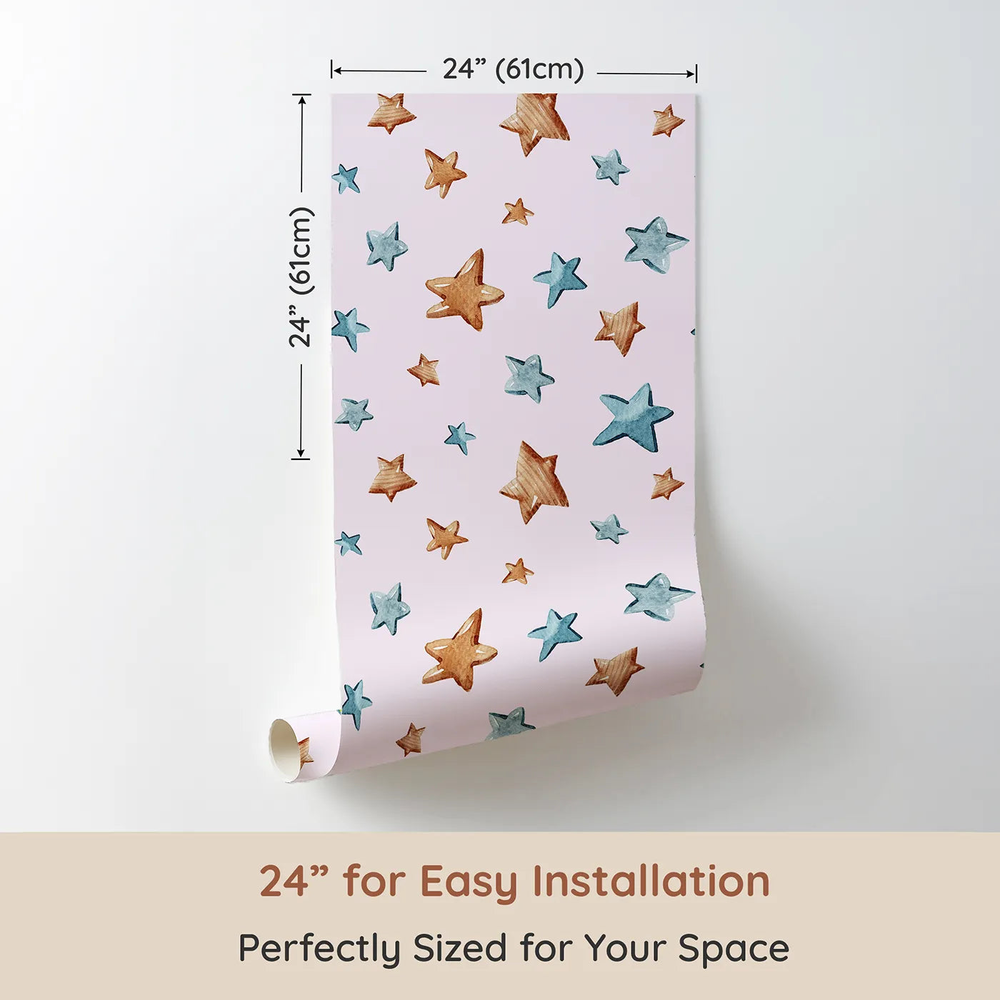 Dimension view of Whimsy Tots Starlight Scribbles Wallpaper in Blush Pink (W3411B). Printed in 24-inch-wide panel for easy installation. Watercolor stars float sweetly across a soft blush pink sky.