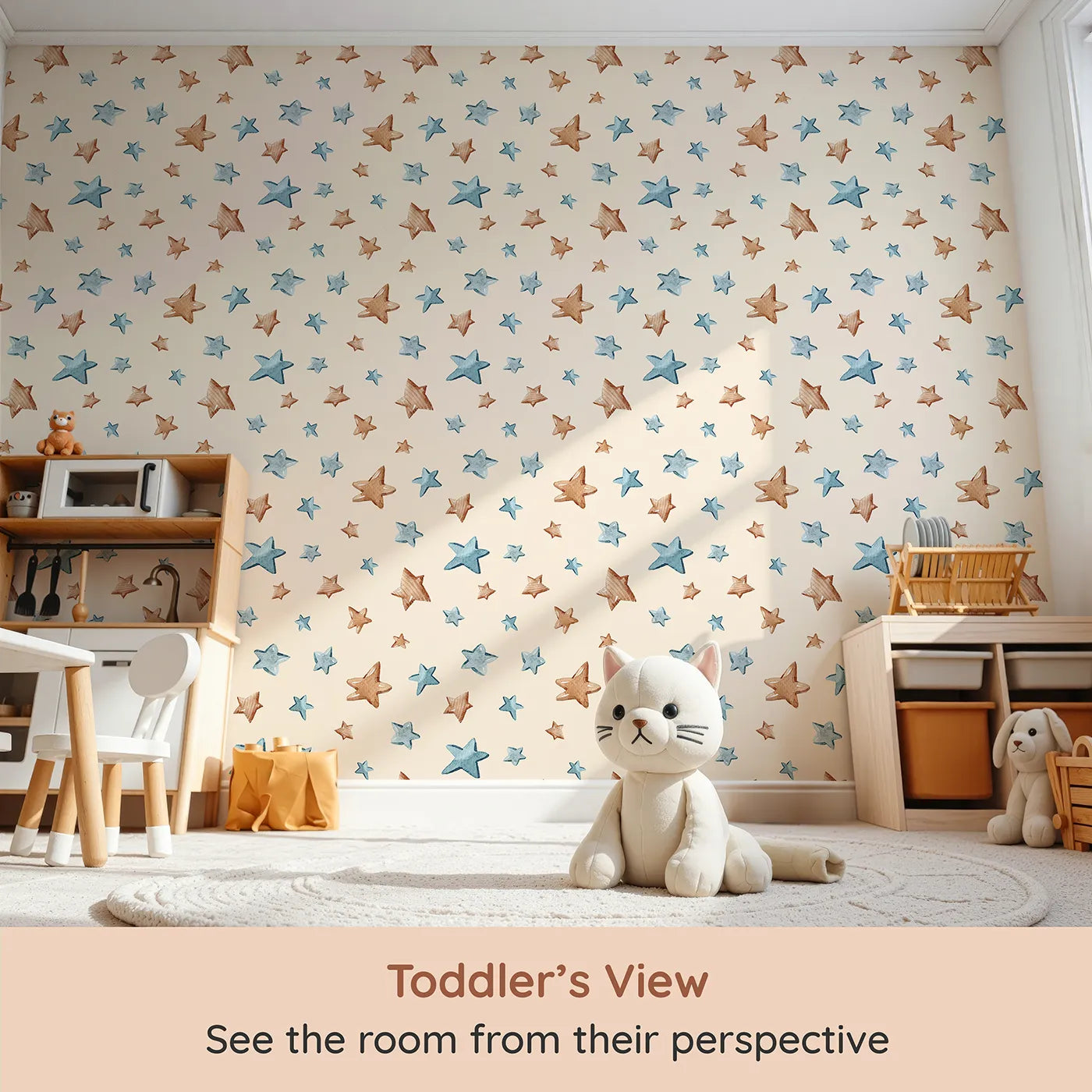 Whimsy Tots Starlight Scribbles Wallpaper in Sand (W3411C) from your child's view.Blue and brown stars drift across a soft sand-toned sky.