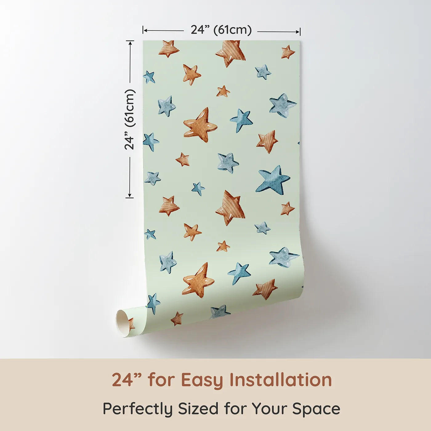 Dimension view of Whimsy Tots Starlight Scribbles Wallpaper in Green (W3411D). Printed in 24-inch-wide panel for easy installation. Watercolor stars twinkle across a soft green sky in earthy, calming tones.