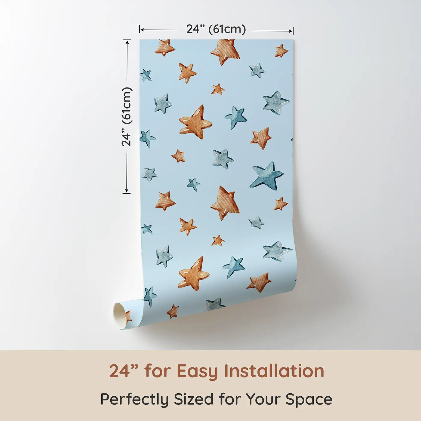 Dimension view of Whimsy Tots Starlight Scribbles Wallpaper in Blue (W3411E). Printed in 24-inch-wide panel for easy installation. Playful stars twinkle across a cheerful blue sky.