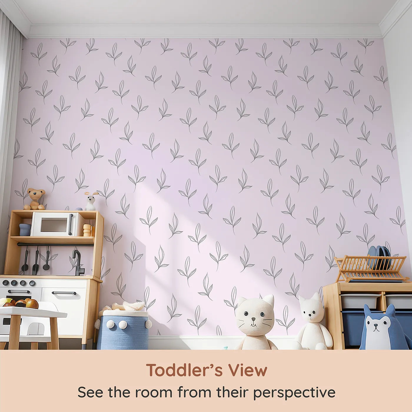 Whimsy Tots Whispering Leaflines Wallpaper in Blush Pink (W3412B) from your child's view.Line-drawn leaves drift gently across a calming blush pink sky.