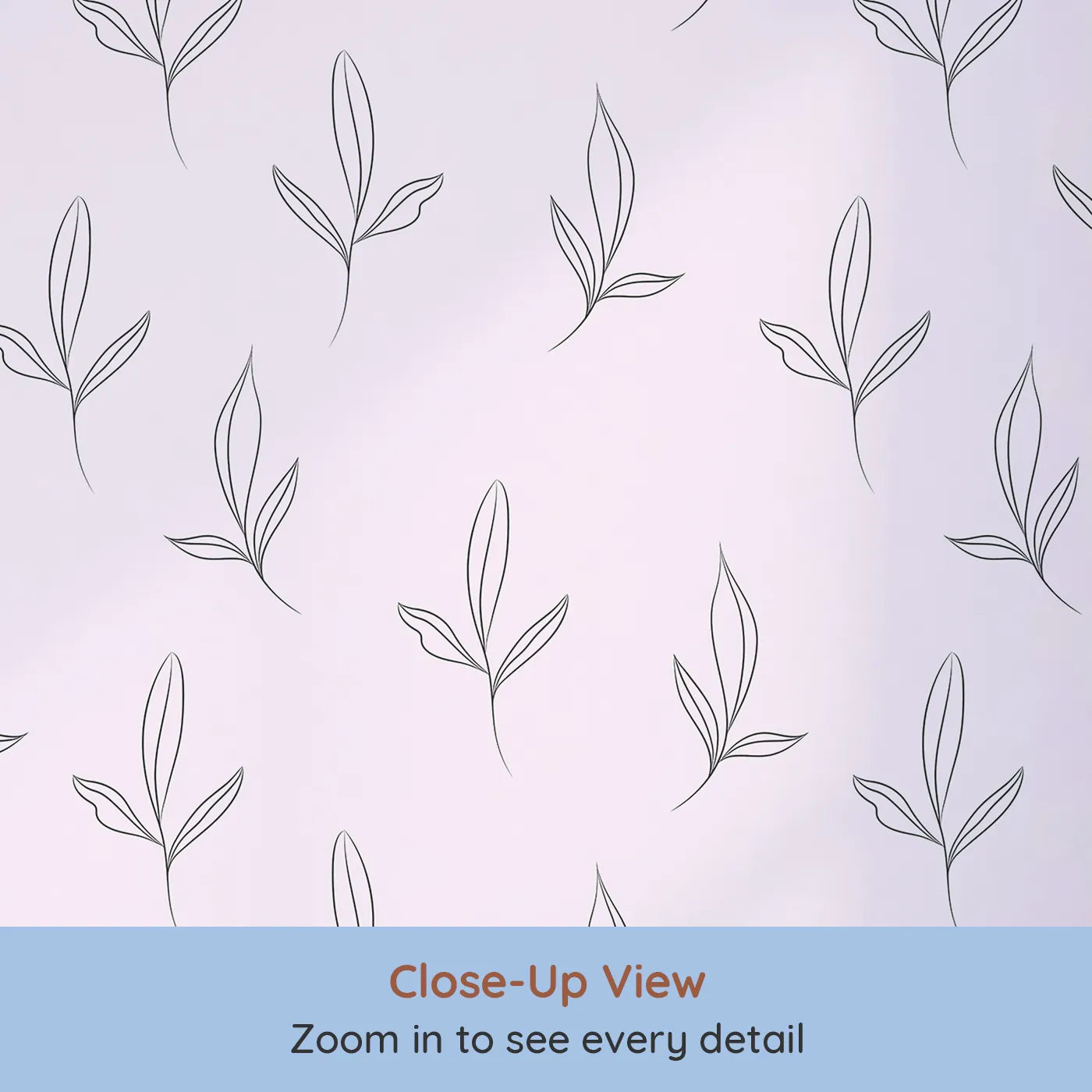 Close-up view of Whimsy Tots' Whispering Leaflines Wallpaper in Blush Pink (W3412B).Line-drawn leaves drift gently across a calming blush pink sky.