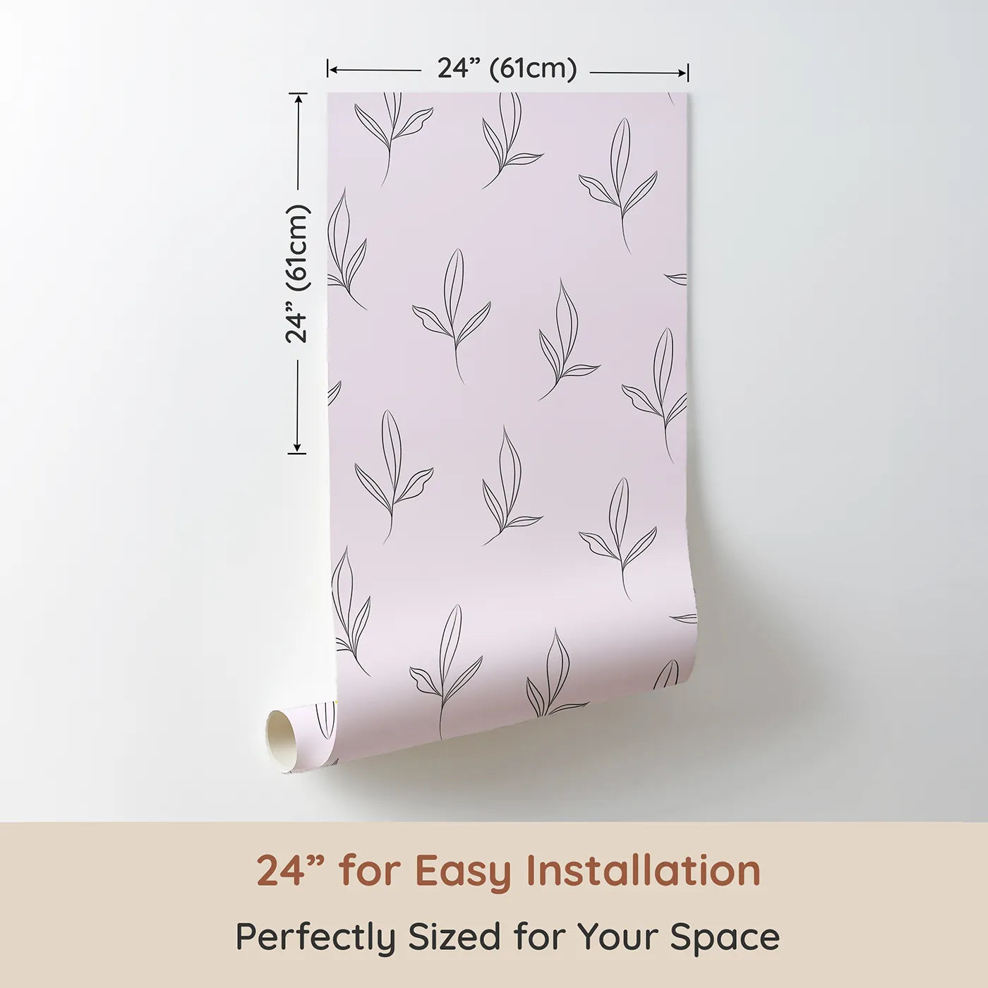 Dimension view of Whimsy Tots Whispering Leaflines Wallpaper in Blush Pink (W3412B). Printed in 24-inch-wide panel for easy installation. Line-drawn leaves drift gently across a calming blush pink sky.