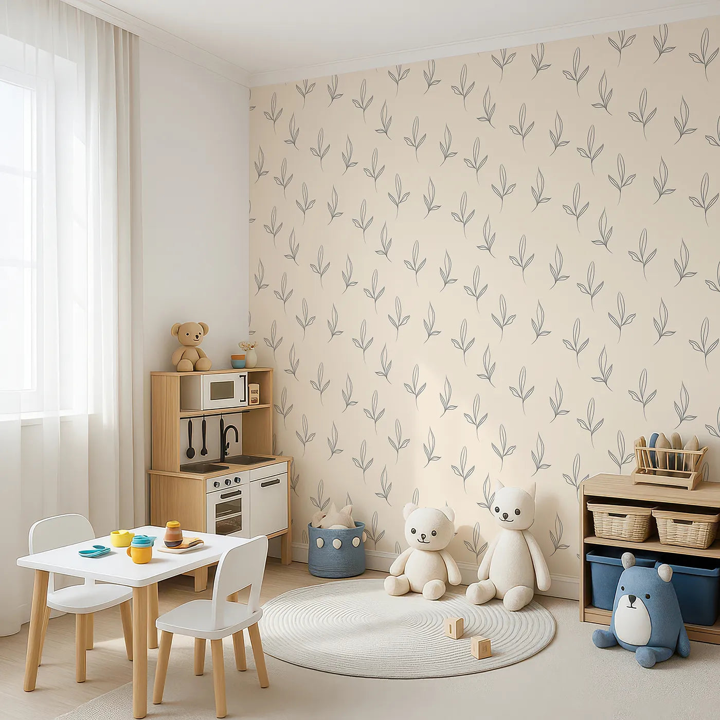 Angled view of Whimsy Tots' Whispering Leaflines Wallpaper in Sand (W3412C).Gentle leaf sketches sway across a soft sandy sky.
