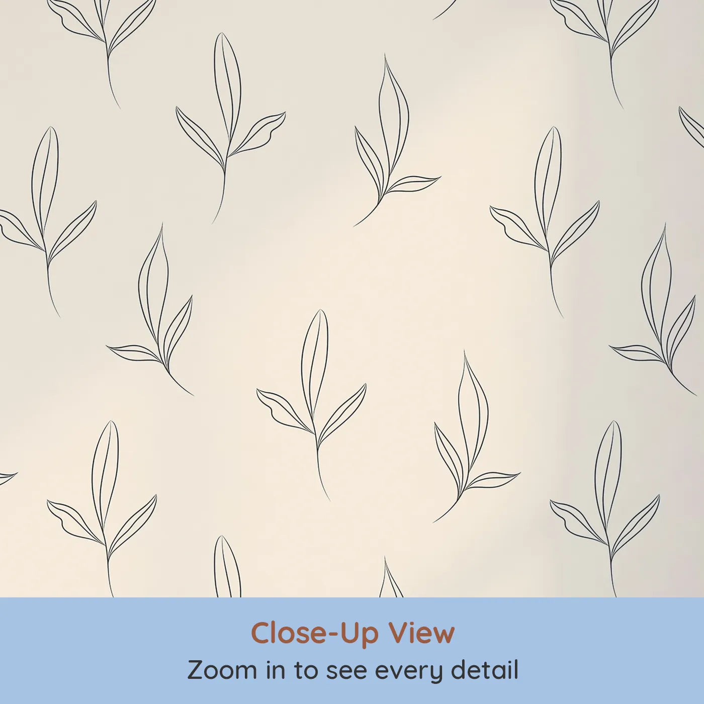 Close-up view of Whimsy Tots' Whispering Leaflines Wallpaper in Sand (W3412C).Gentle leaf sketches sway across a soft sandy sky.