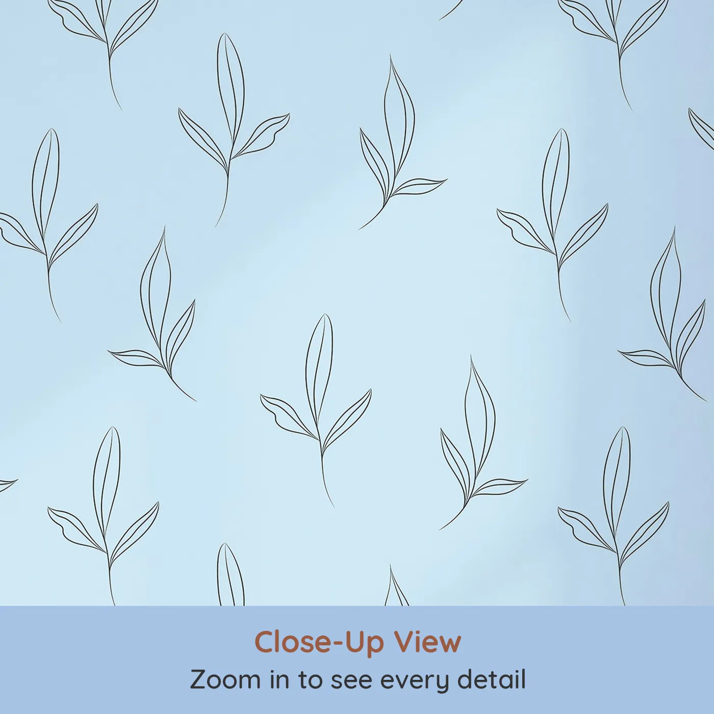 Close-up view of Whimsy Tots' Whispering Leaflines Wallpaper in Blue (W3412E).Botanical sketches float softly across a peaceful blue sky.