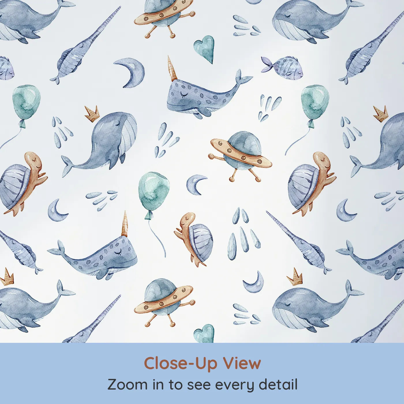 Close-up view of Whimsy Tots' Galactic Ocean Friends Wallpaper in White (W3413A).Whales, turtles, and UFOs float playfully through a starry white sky.
