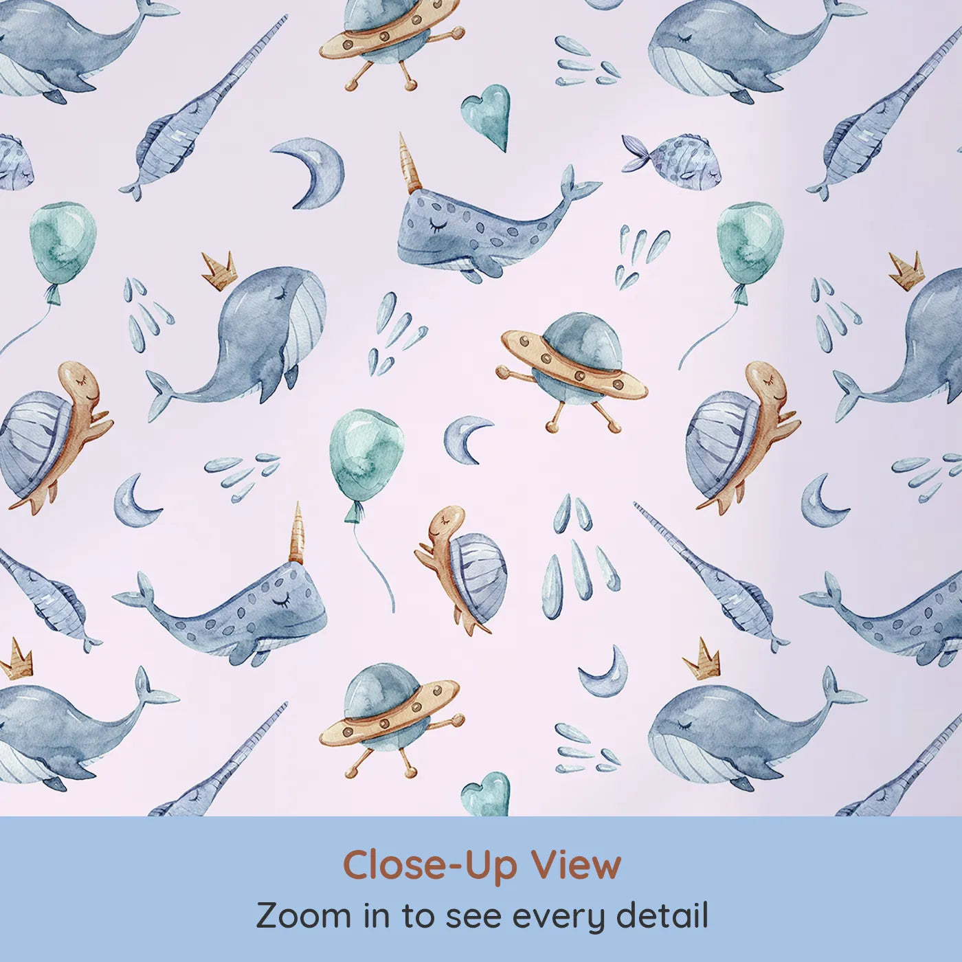 Close-up view of Whimsy Tots' Galactic Ocean Friends Wallpaper in Blush Pink (W3413B).Playful whales and turtles float through a rosy pink galaxy of dreams.