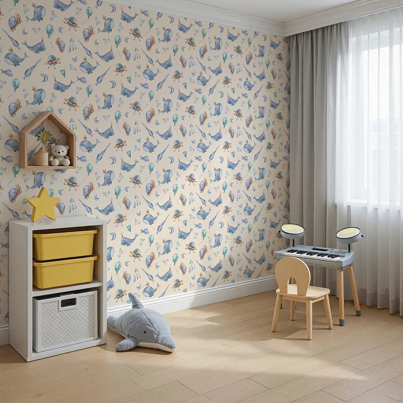 Angled view of Whimsy Tots' Galactic Ocean Friends Wallpaper in Sand (W3413C).Whales and turtles play among UFOs on a soft sandy sky.