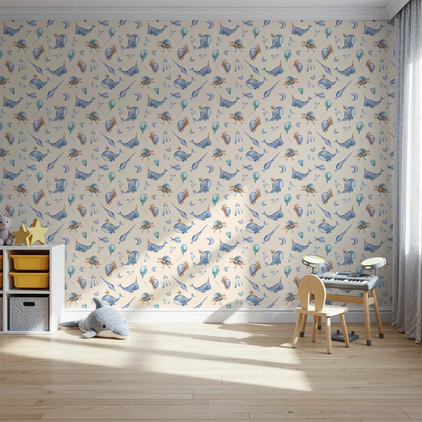 Front view of Whimsy Tots' Galactic Ocean Friends Wallpaper in Sand