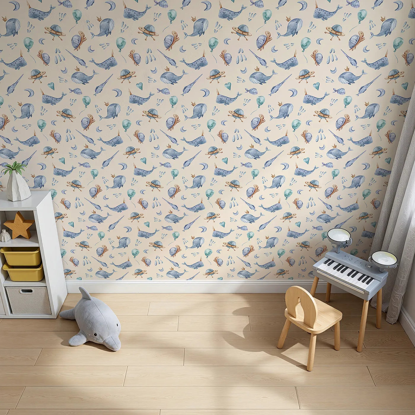 Top-Down view of Whimsy Tots' Galactic Ocean Friends Wallpaper in Sand (W3413C).Whales and turtles play among UFOs on a soft sandy sky.