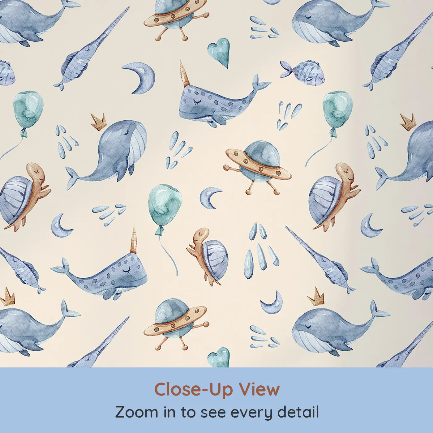 Close-up view of Whimsy Tots' Galactic Ocean Friends Wallpaper in Sand (W3413C).Whales and turtles play among UFOs on a soft sandy sky.