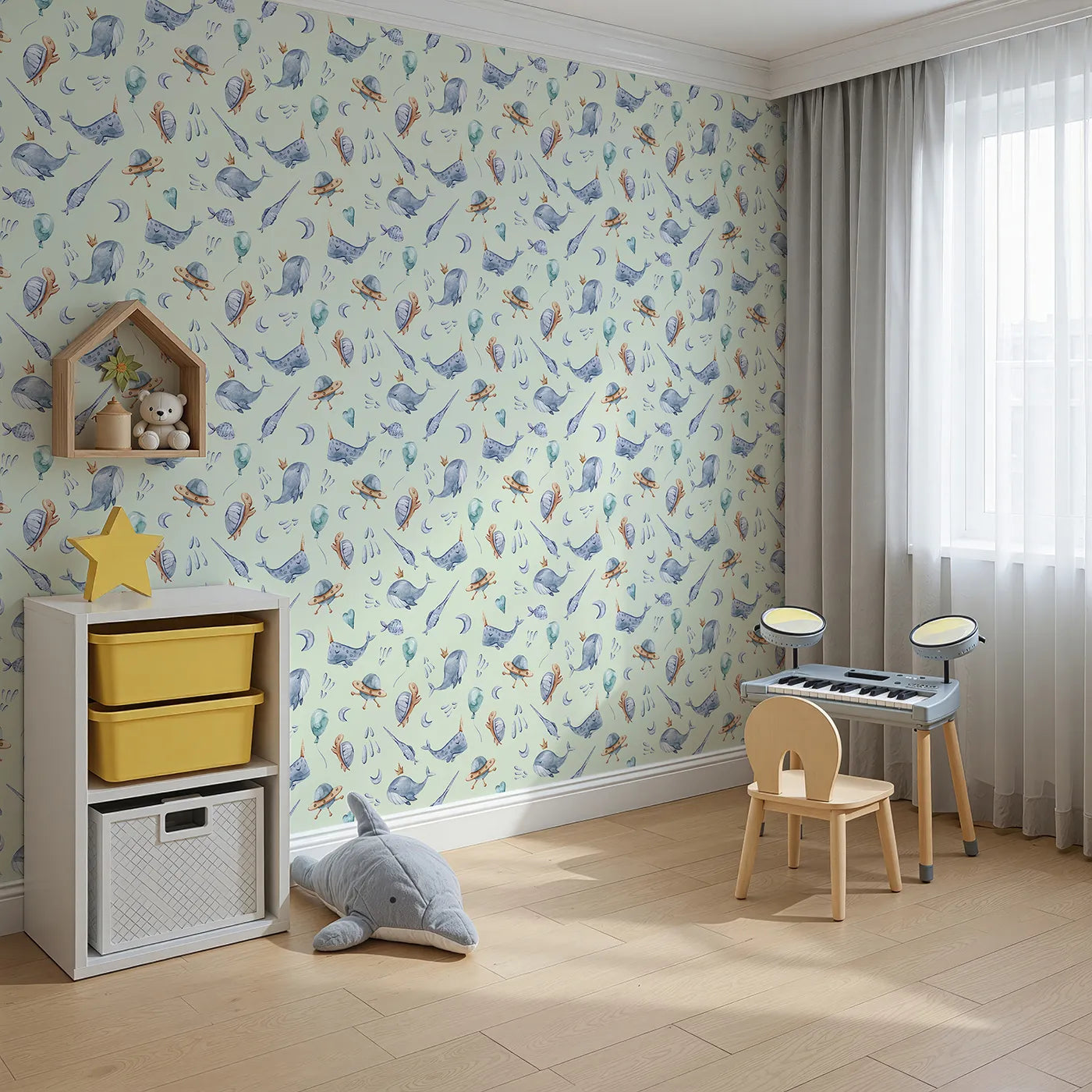 Angled view of Whimsy Tots' Galactic Ocean Friends Wallpaper in Mint Green (W3413D).Whimsical whales and turtles float beneath a mint green sky.