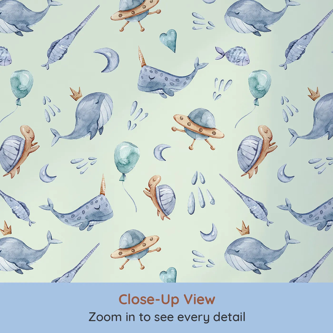 Close-up view of Whimsy Tots' Galactic Ocean Friends Wallpaper in Mint Green (W3413D).Whimsical whales and turtles float beneath a mint green sky.