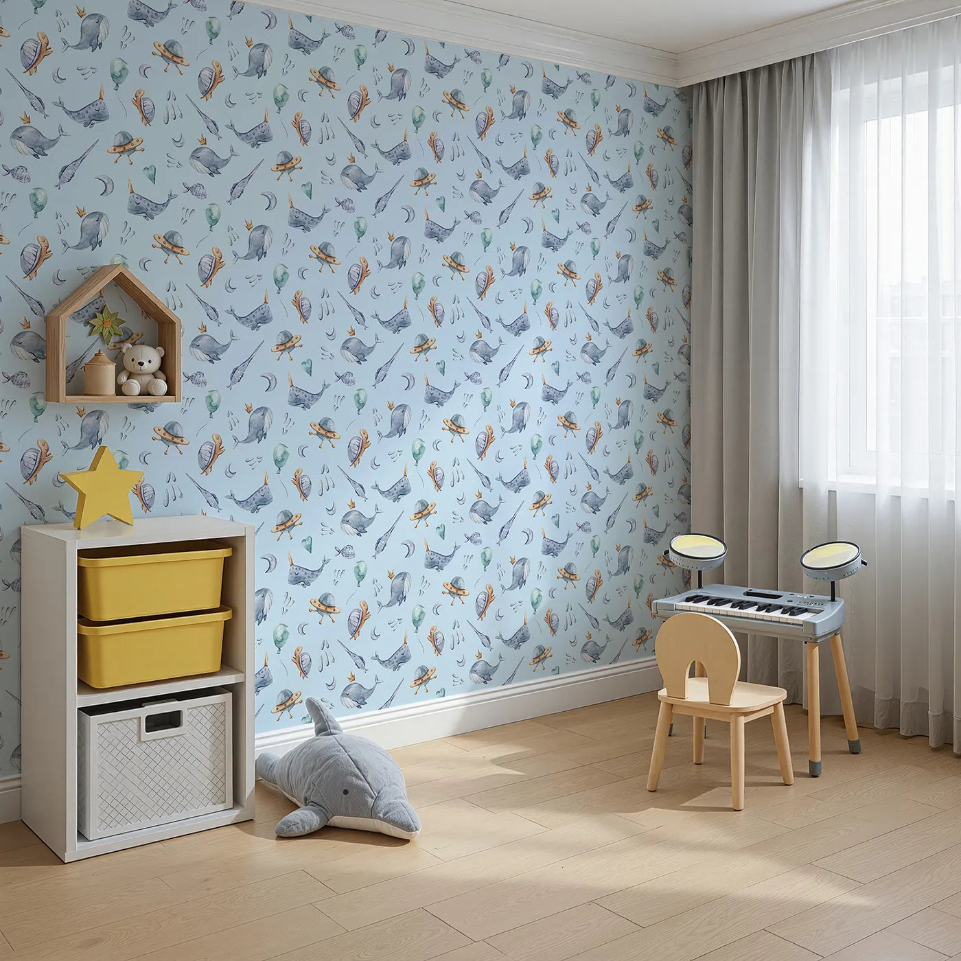 Angled view of Whimsy Tots' Galactic Ocean Friends Wallpaper in Blue (W3413E).Watercolor sea creatures and space dreams float in a gentle blue sky.