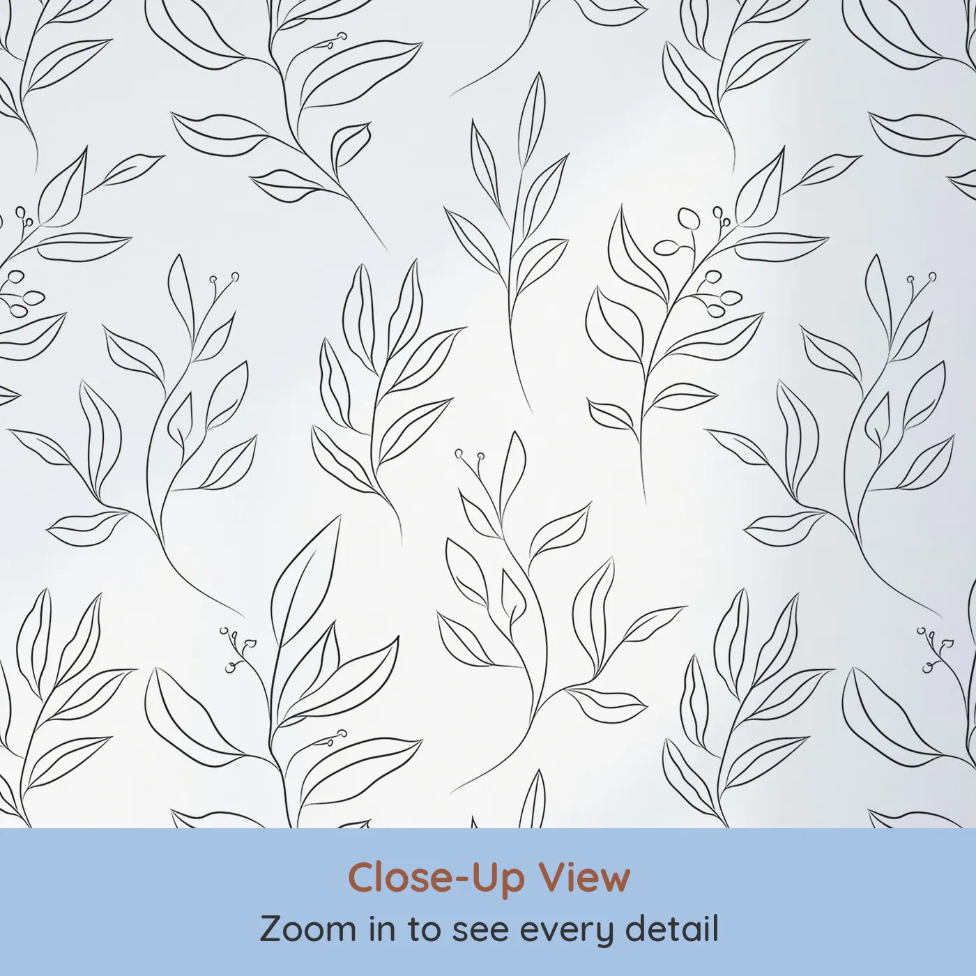 Close-up view of Whimsy Tots' Wild Leafline Garden Wallpaper in White (W3414A).Graceful stems and berries bloom across a bright white sky.
