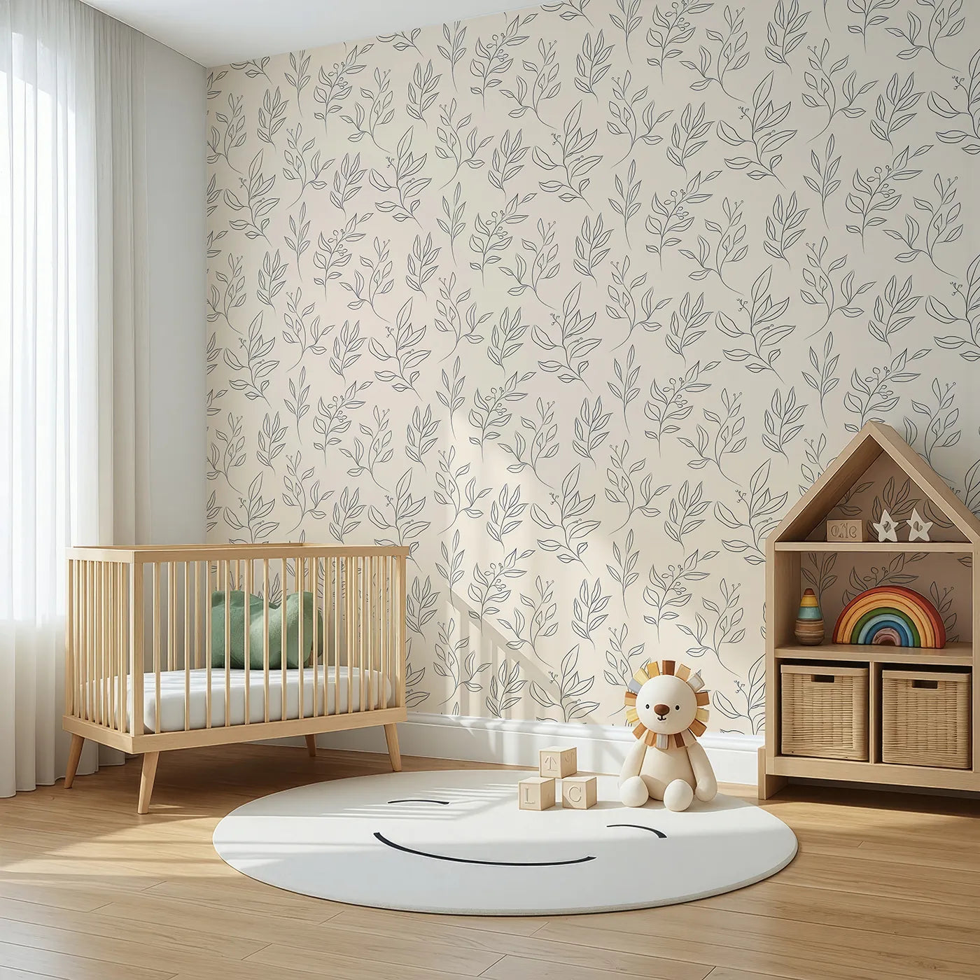 Angled view of Whimsy Tots' Wild Leafline Garden Wallpaper in Sand (W3414C).Sketchy sprigs and berry stems drift across a soft sandy sky.