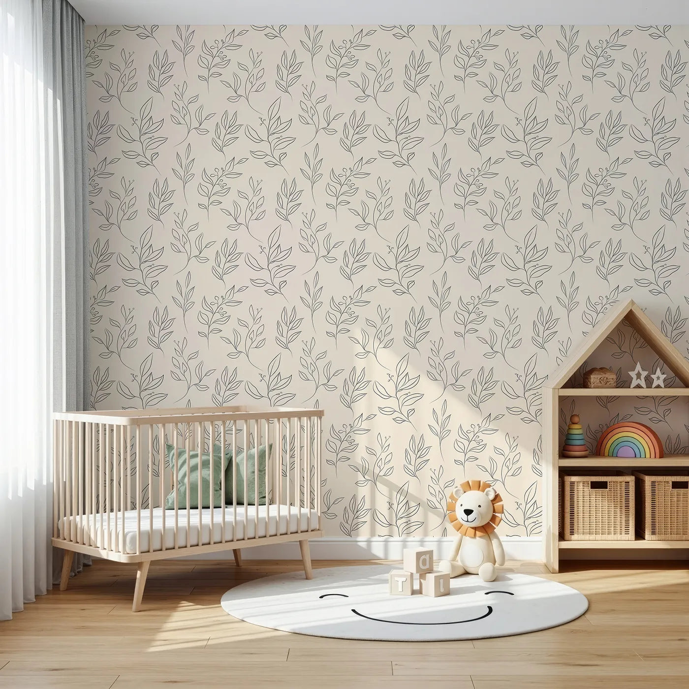 Front view of Whimsy Tots' Wild Leafline Garden Wallpaper in Sand