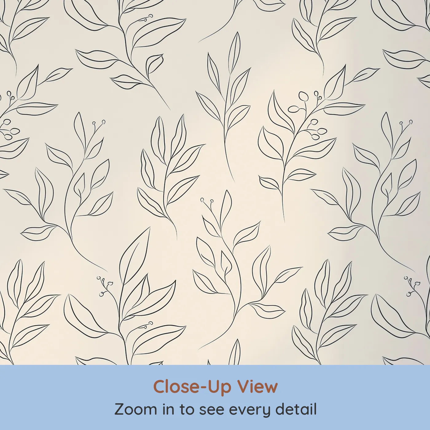 Close-up view of Whimsy Tots' Wild Leafline Garden Wallpaper in Sand (W3414C).Sketchy sprigs and berry stems drift across a soft sandy sky.