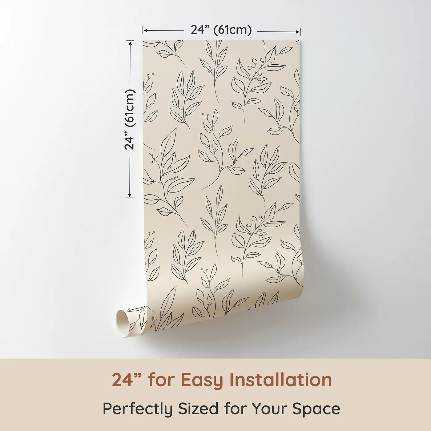 Dimension view of Whimsy Tots Wild Leafline Garden Wallpaper in Sand (W3414C). Printed in 24-inch-wide panel for easy installation. Sketchy sprigs and berry stems drift across a soft sandy sky.