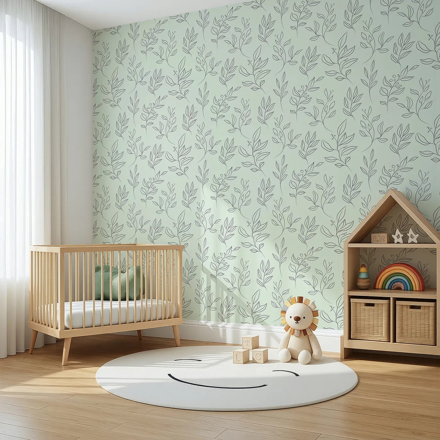 Angled view of Whimsy Tots' Wild Leafline Garden Wallpaper in Mint Green (W3414D).Leafy sprigs and berries sway softly across a mint green sky.