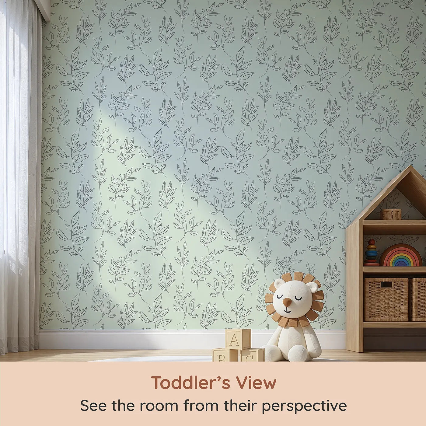 Whimsy Tots Wild Leafline Garden Wallpaper in Mint Green (W3414D) from your child's view.Leafy sprigs and berries sway softly across a mint green sky.