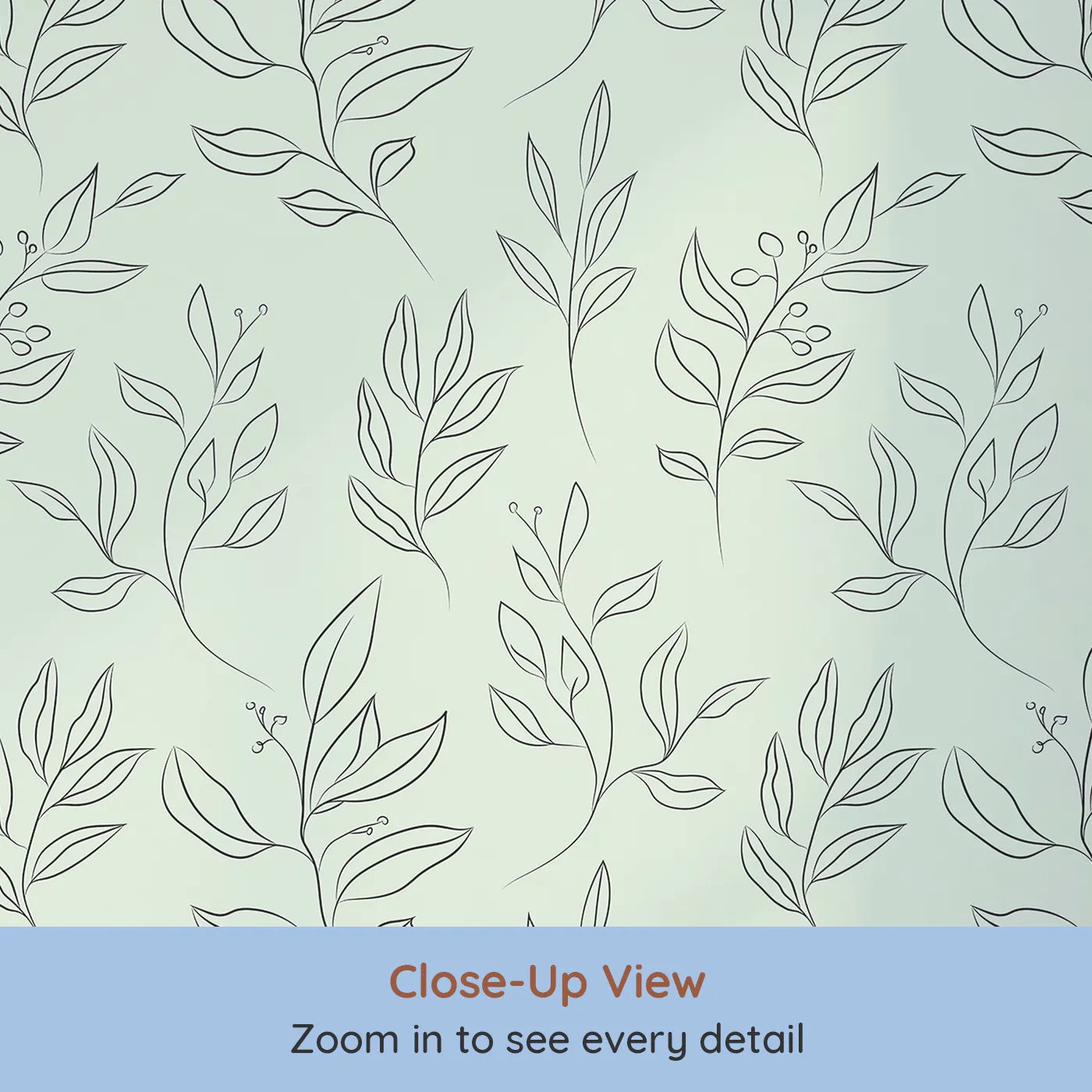 Close-up view of Whimsy Tots' Wild Leafline Garden Wallpaper in Mint Green (W3414D).Leafy sprigs and berries sway softly across a mint green sky.