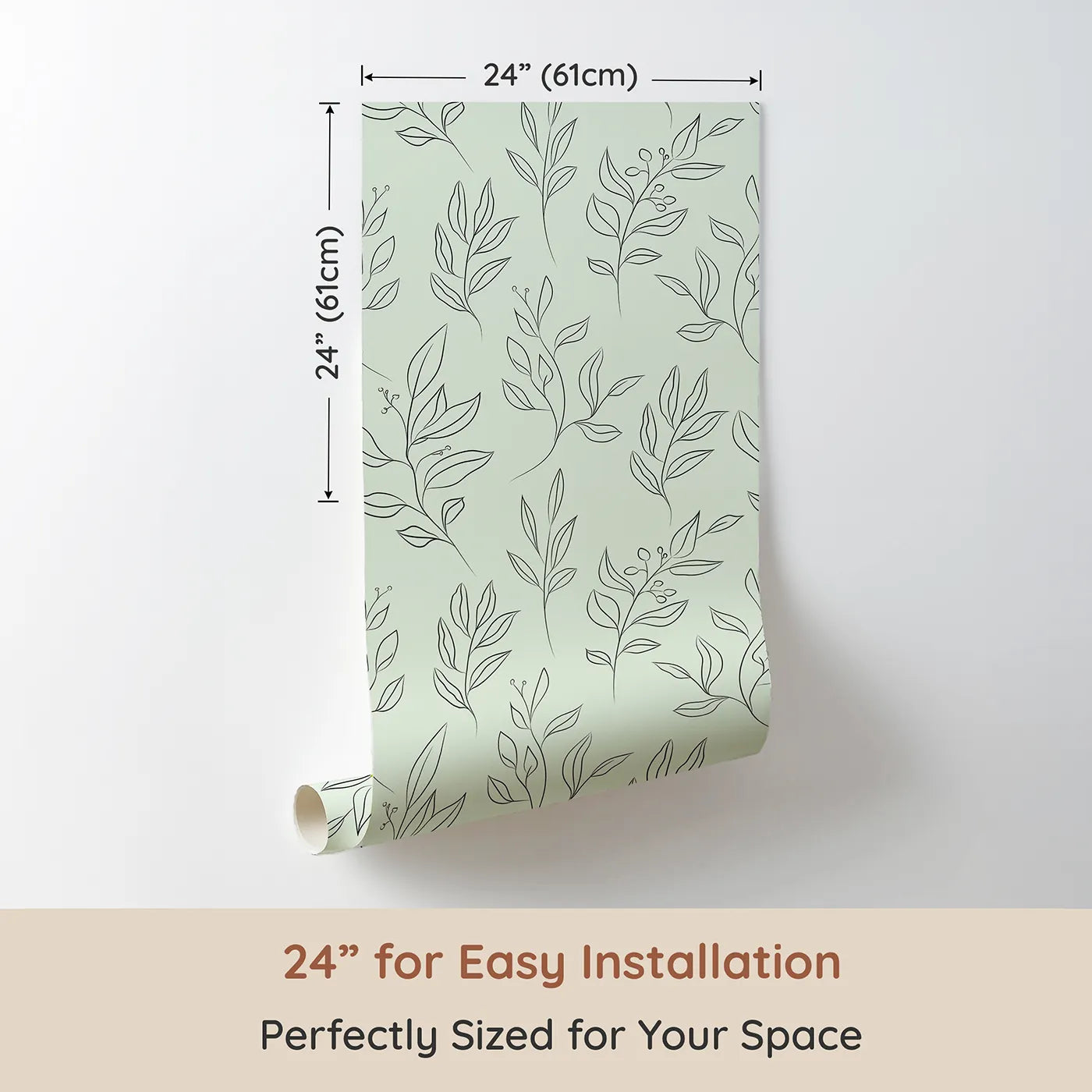 Dimension view of Whimsy Tots Wild Leafline Garden Wallpaper in Mint Green (W3414D). Printed in 24-inch-wide panel for easy installation. Leafy sprigs and berries sway softly across a mint green sky.