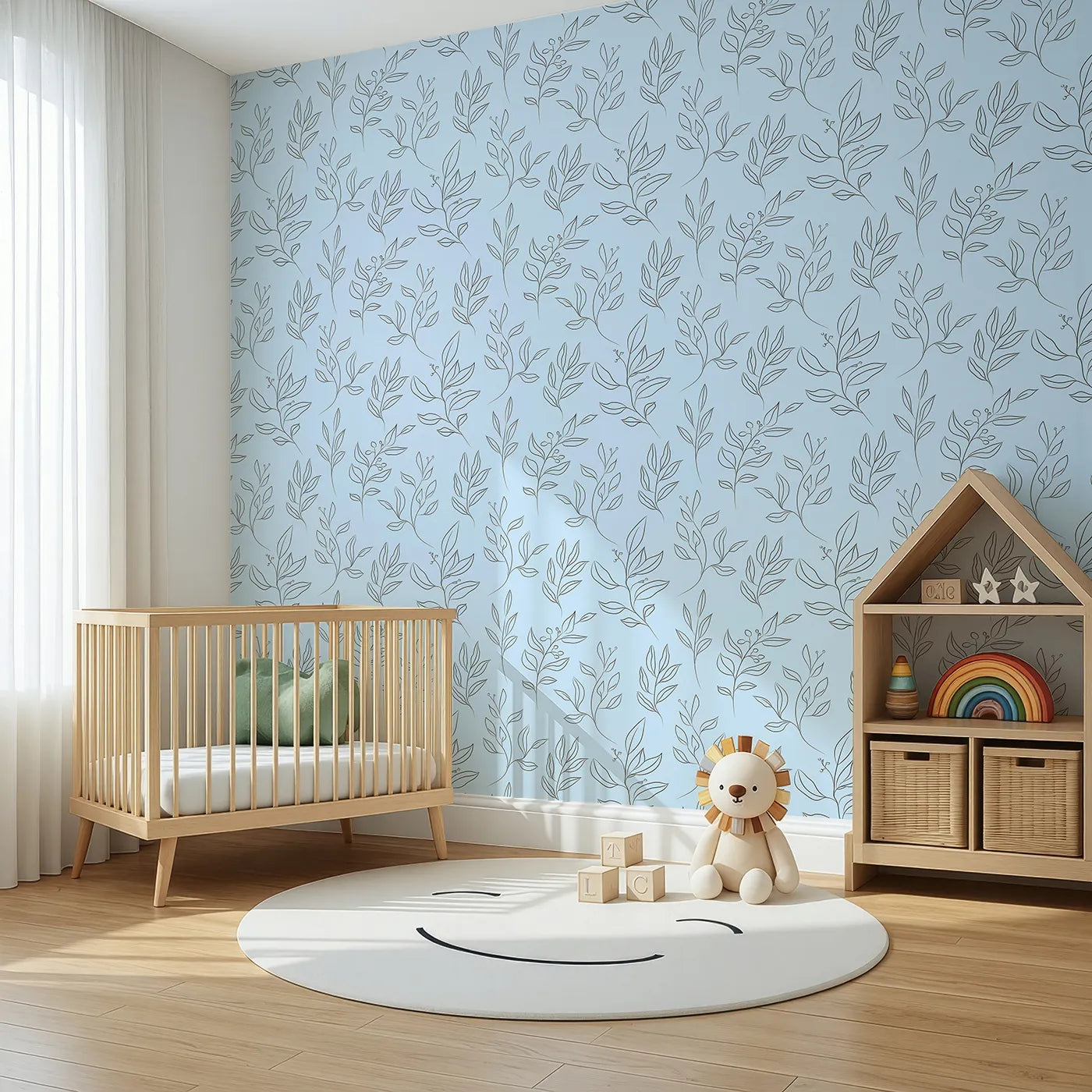 Angled view of Whimsy Tots' Wild Leafline Garden Wallpaper in Blue (W3414E).Sketchy leaves and berries drift across a soft blue garden sky.