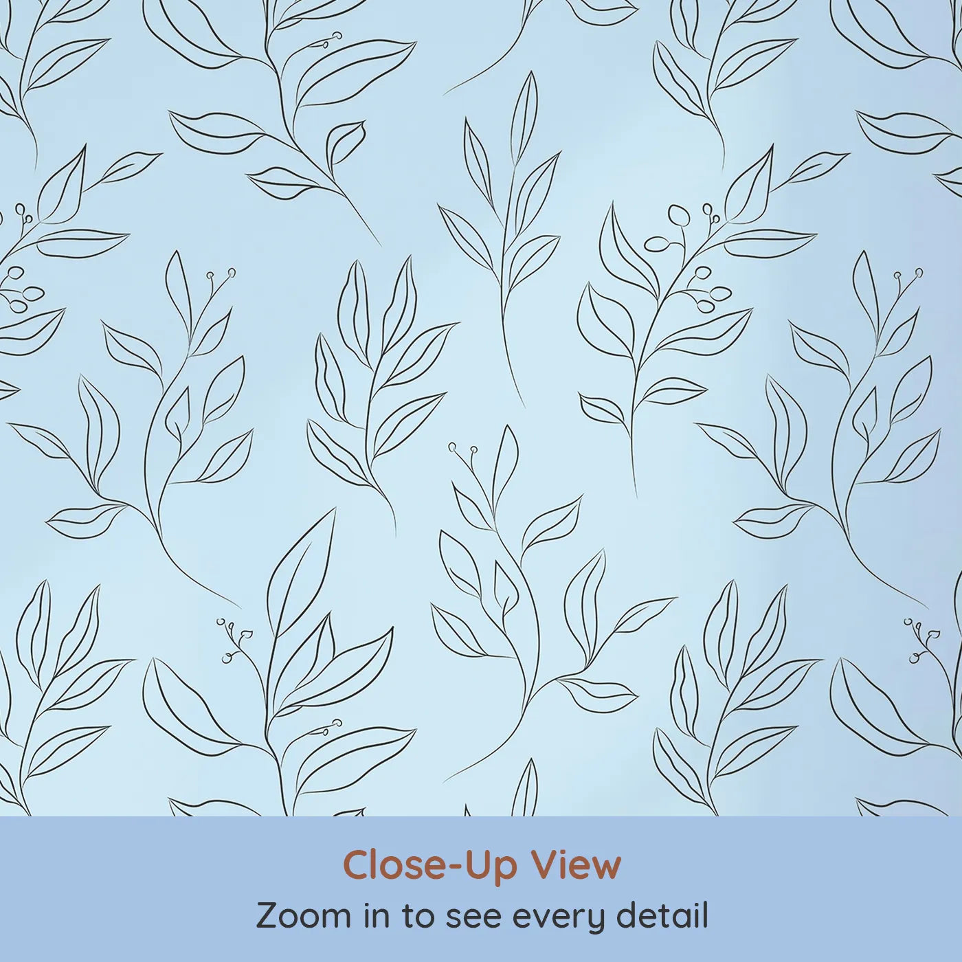 Close-up view of Whimsy Tots' Wild Leafline Garden Wallpaper in Blue (W3414E).Sketchy leaves and berries drift across a soft blue garden sky.