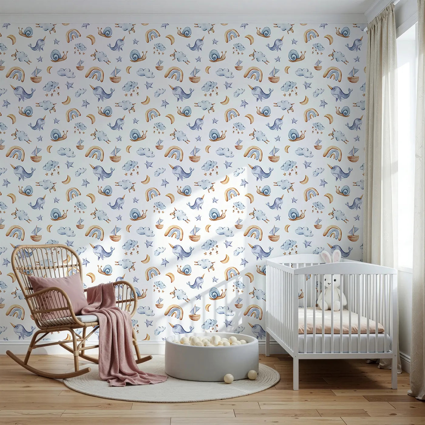 Front view of Whimsy Tots' Dreamscape Journey Wallpaper in White