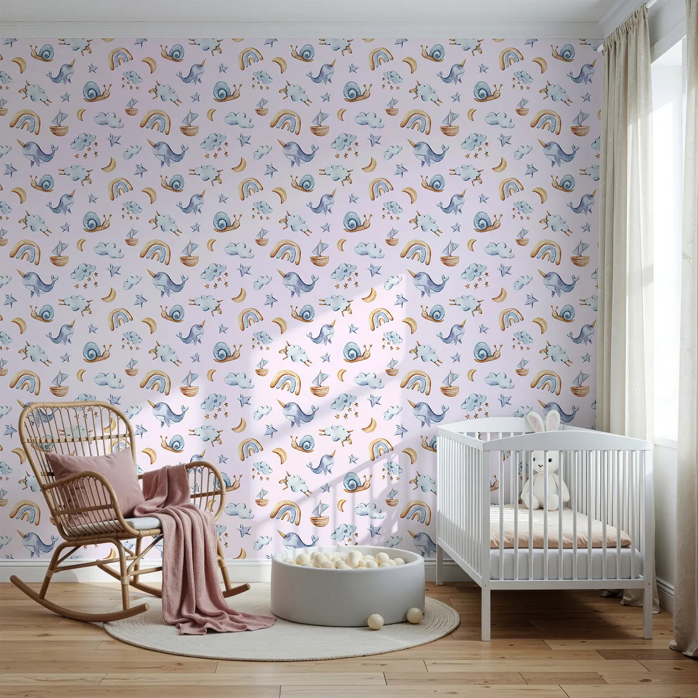 Front view of Whimsy Tots' Dreamscape Journey Wallpaper in Blush Pink