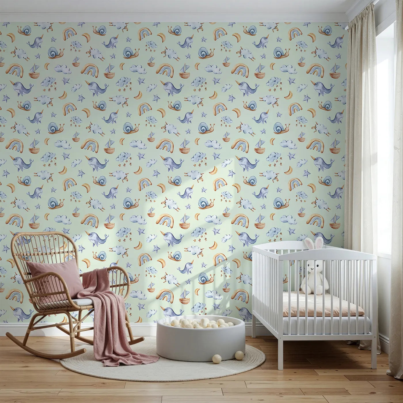 Front view of Whimsy Tots' Dreamscape Journey Wallpaper in Mint Green
