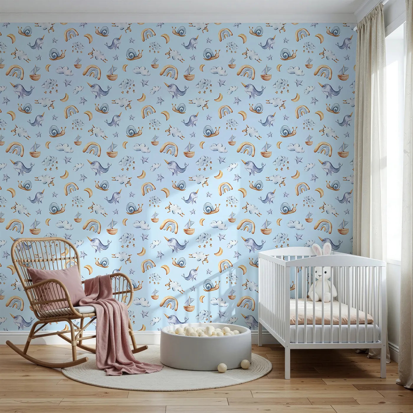 Front view of Whimsy Tots' Dreamscape Journey Wallpaper in Blue