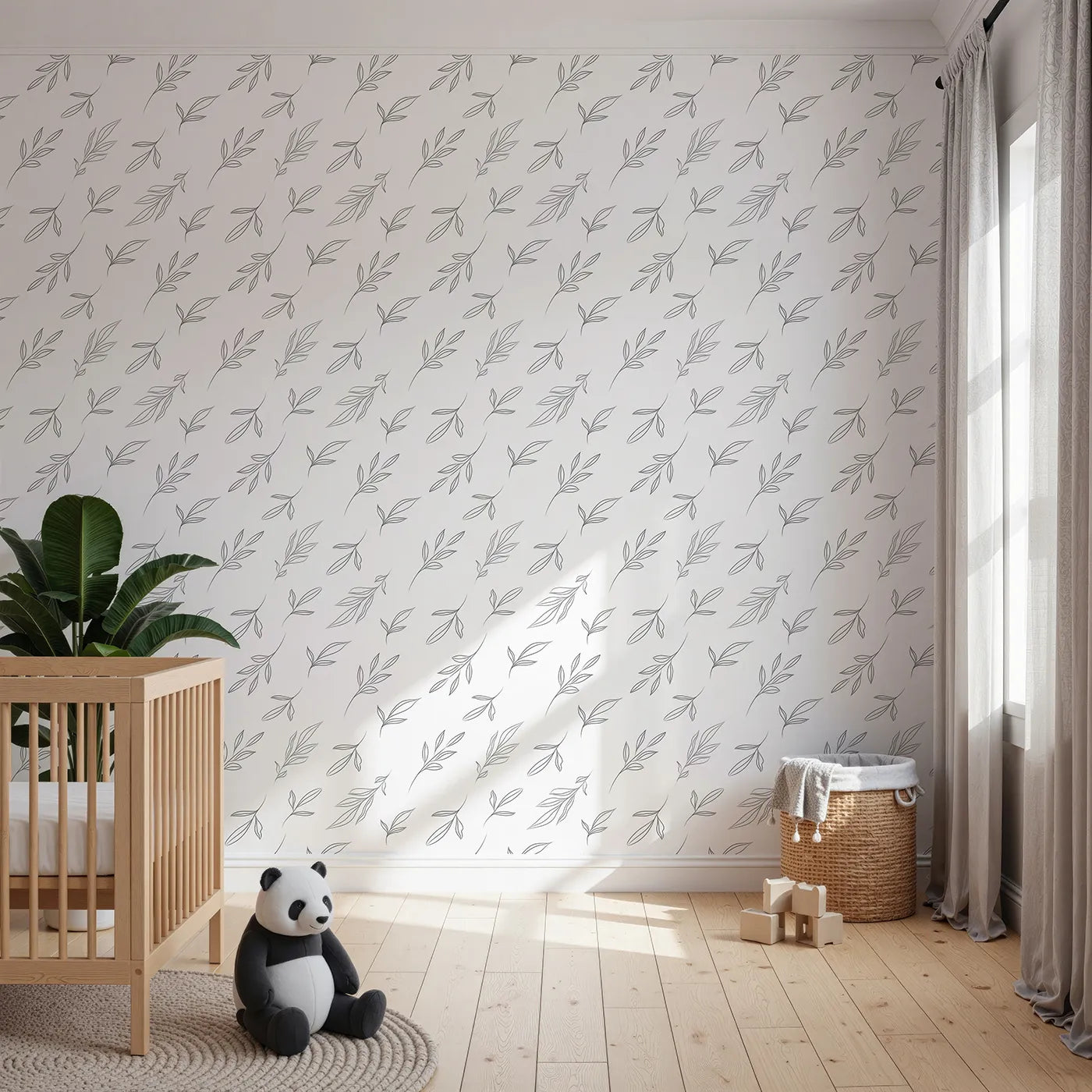 Front view of Whimsy Tots' Leaf Outline Symphony Wallpaper in White