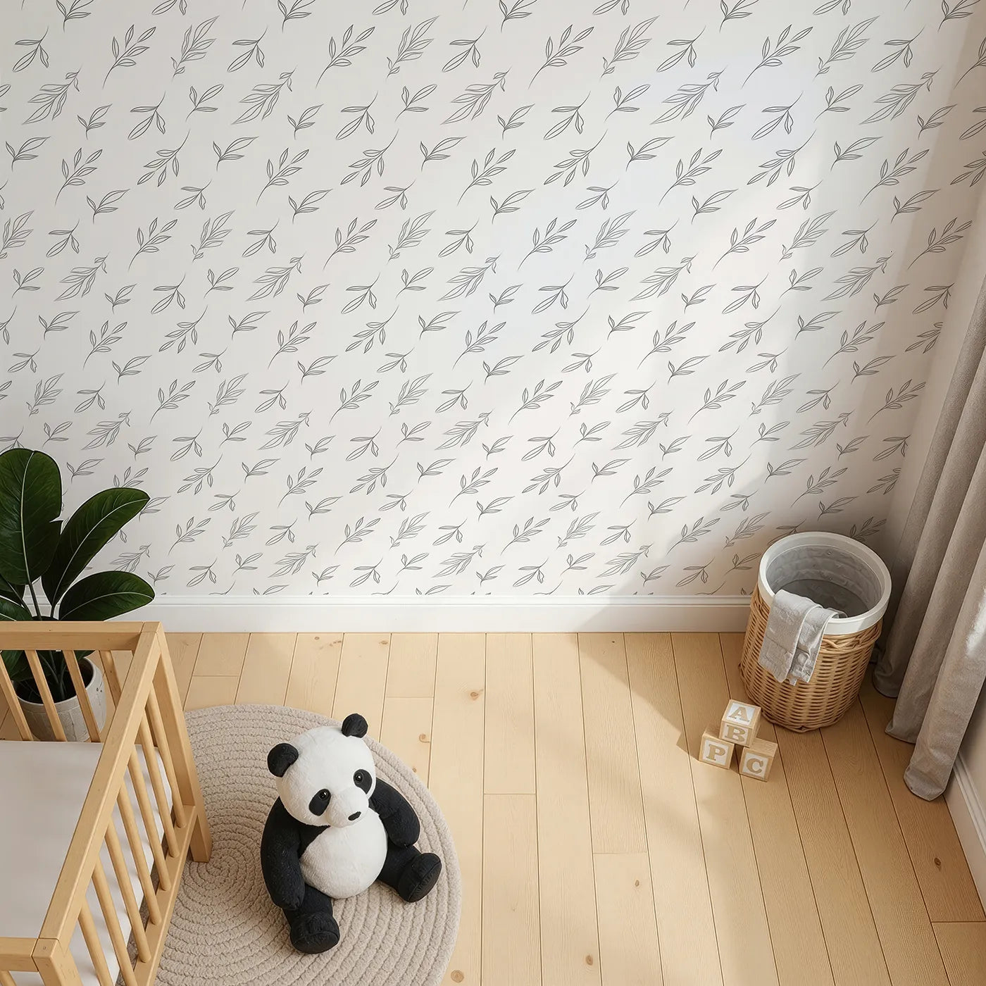 Top-Down view of Whimsy Tots' Leaf Outline Symphony Wallpaper in White (W3416A).Fine‑line foliage glides in soothing rhythm.