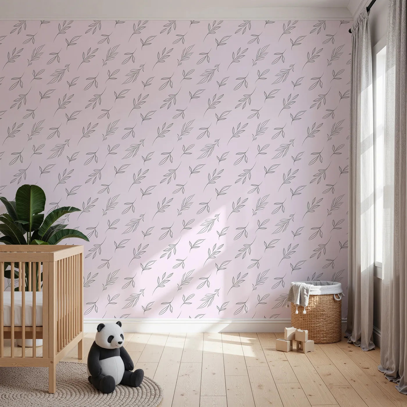 Front view of Whimsy Tots' Leaf Outline Symphony Wallpaper in Blush Pink