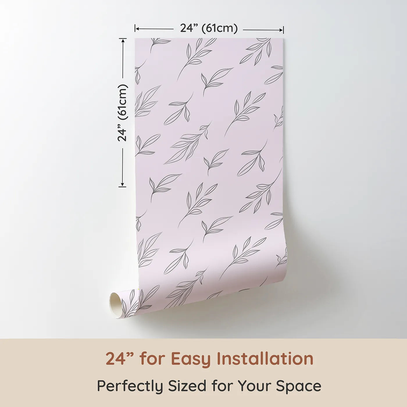 Dimension view of Whimsy Tots Leaf Outline Symphony Wallpaper in Blush Pink (W3416B). Printed in 24-inch-wide panel for easy installation. Fine‑line foliage glides in soothing rhythm.