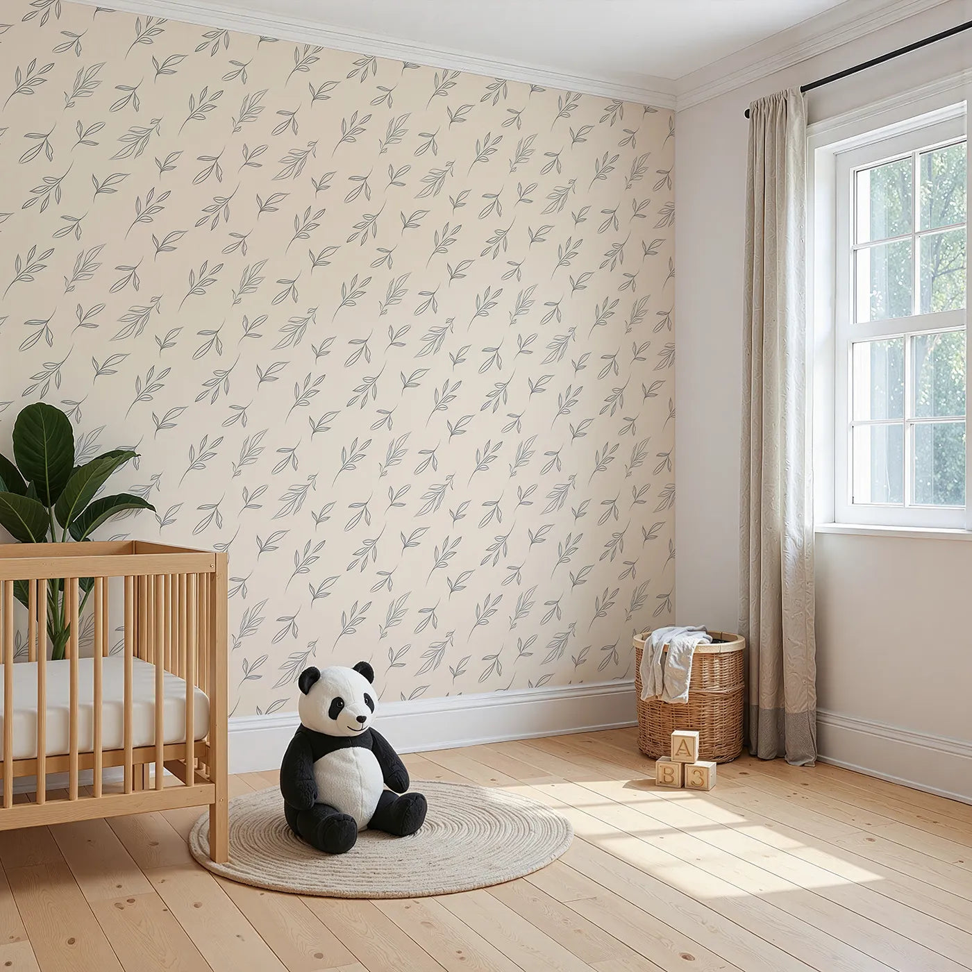 Angled view of Whimsy Tots' Leaf Outline Symphony Wallpaper in Beige (W3416C).Fine‑line foliage glides in soothing rhythm.