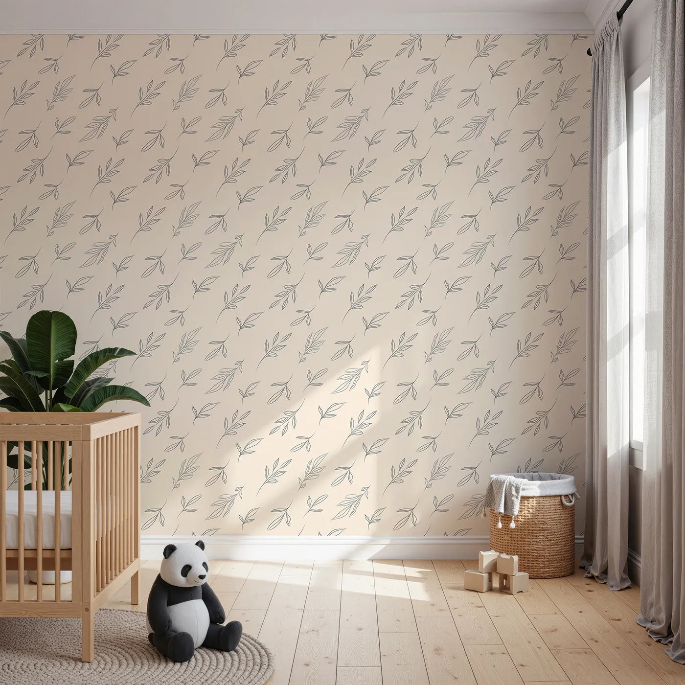 Front view of Whimsy Tots' Leaf Outline Symphony Wallpaper in Beige