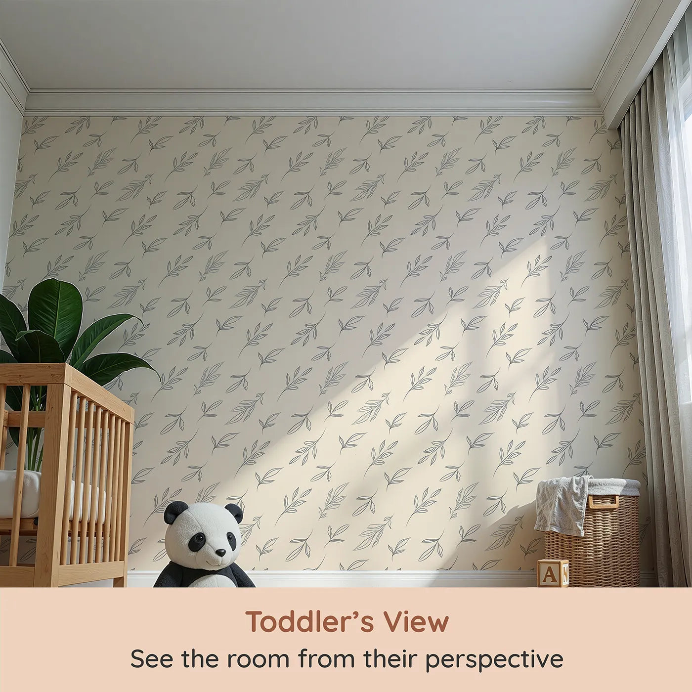 Whimsy Tots Leaf Outline Symphony Wallpaper in Beige (W3416C) from your child's view.Fine‑line foliage glides in soothing rhythm.