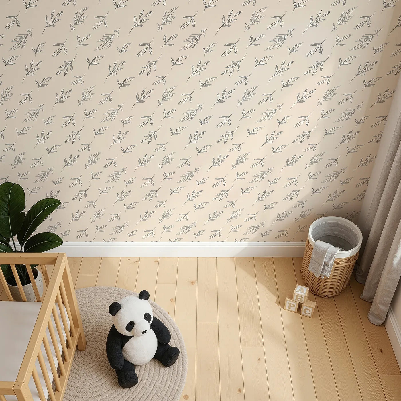 Top-Down view of Whimsy Tots' Leaf Outline Symphony Wallpaper in Beige (W3416C).Fine‑line foliage glides in soothing rhythm.