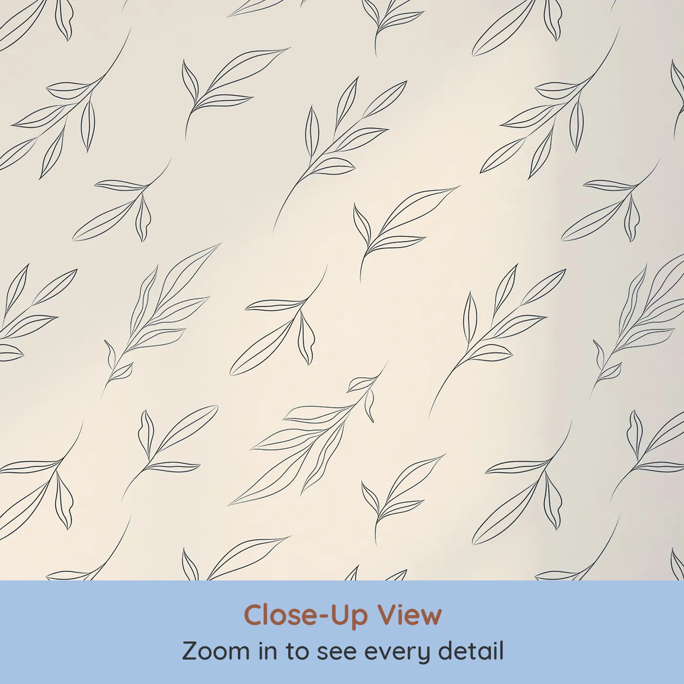 Close-up view of Whimsy Tots' Leaf Outline Symphony Wallpaper in Beige (W3416C).Fine‑line foliage glides in soothing rhythm.