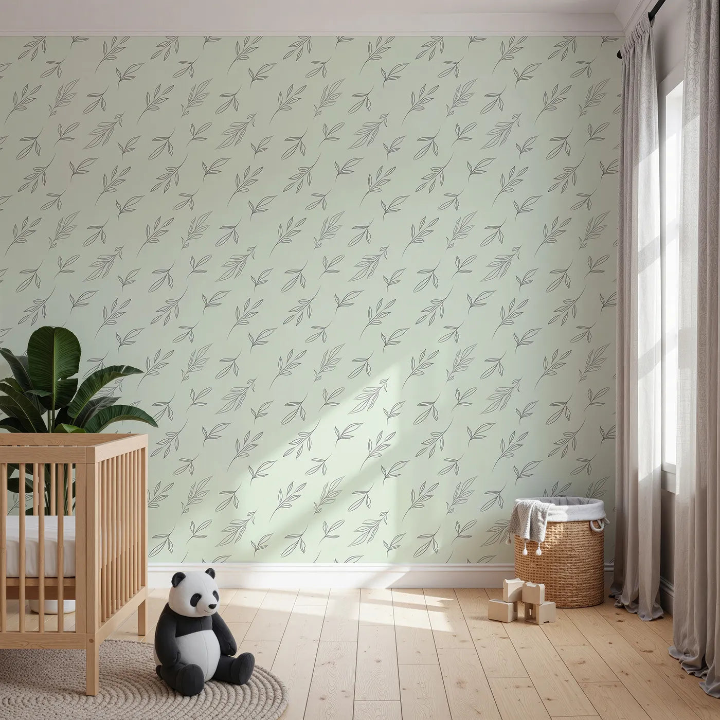 Front view of Whimsy Tots' Leaf Outline Symphony Wallpaper in Mint Green