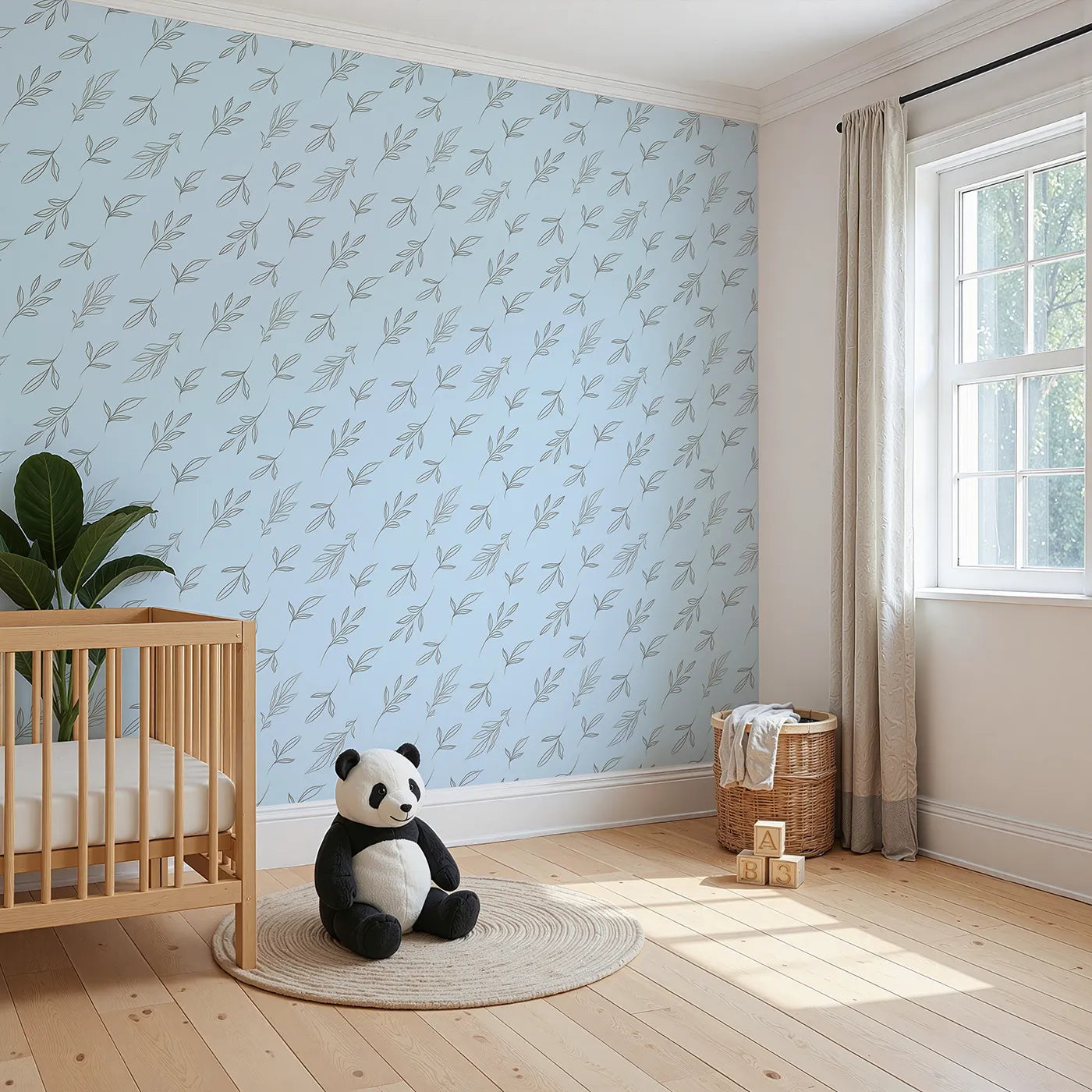 Angled view of Whimsy Tots' Leaf Outline Symphony Wallpaper in Sky Blue (W3416E).Fine‑line foliage glides in soothing rhythm.