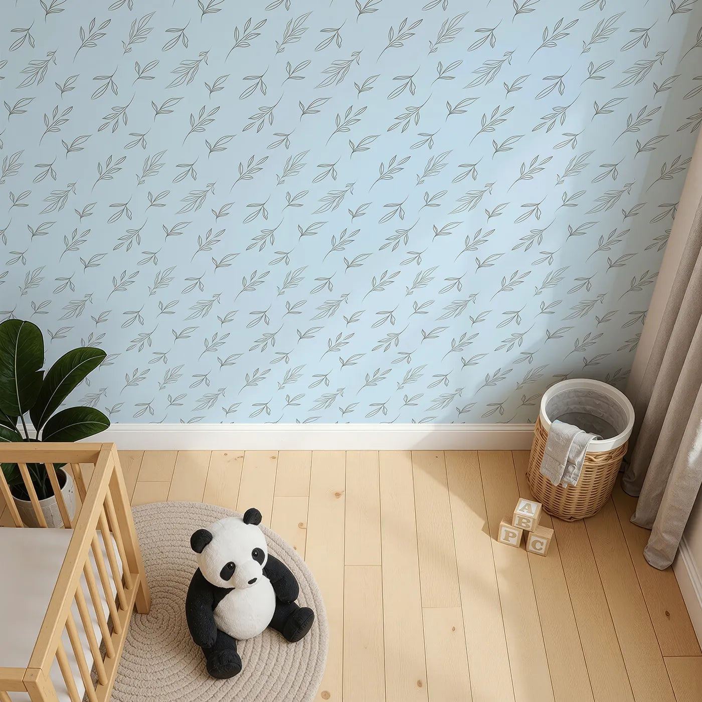 Top-Down view of Whimsy Tots' Leaf Outline Symphony Wallpaper in Sky Blue (W3416E).Fine‑line foliage glides in soothing rhythm.