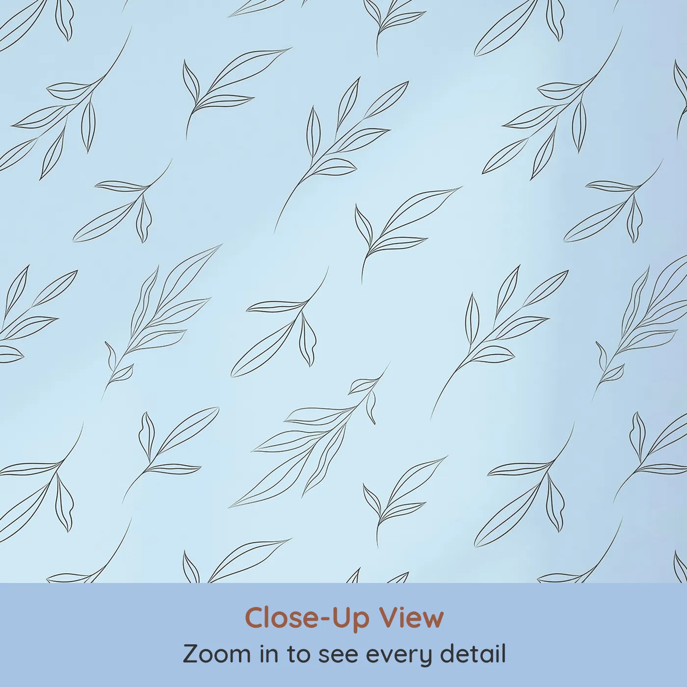Close-up view of Whimsy Tots' Leaf Outline Symphony Wallpaper in Sky Blue (W3416E).Fine‑line foliage glides in soothing rhythm.