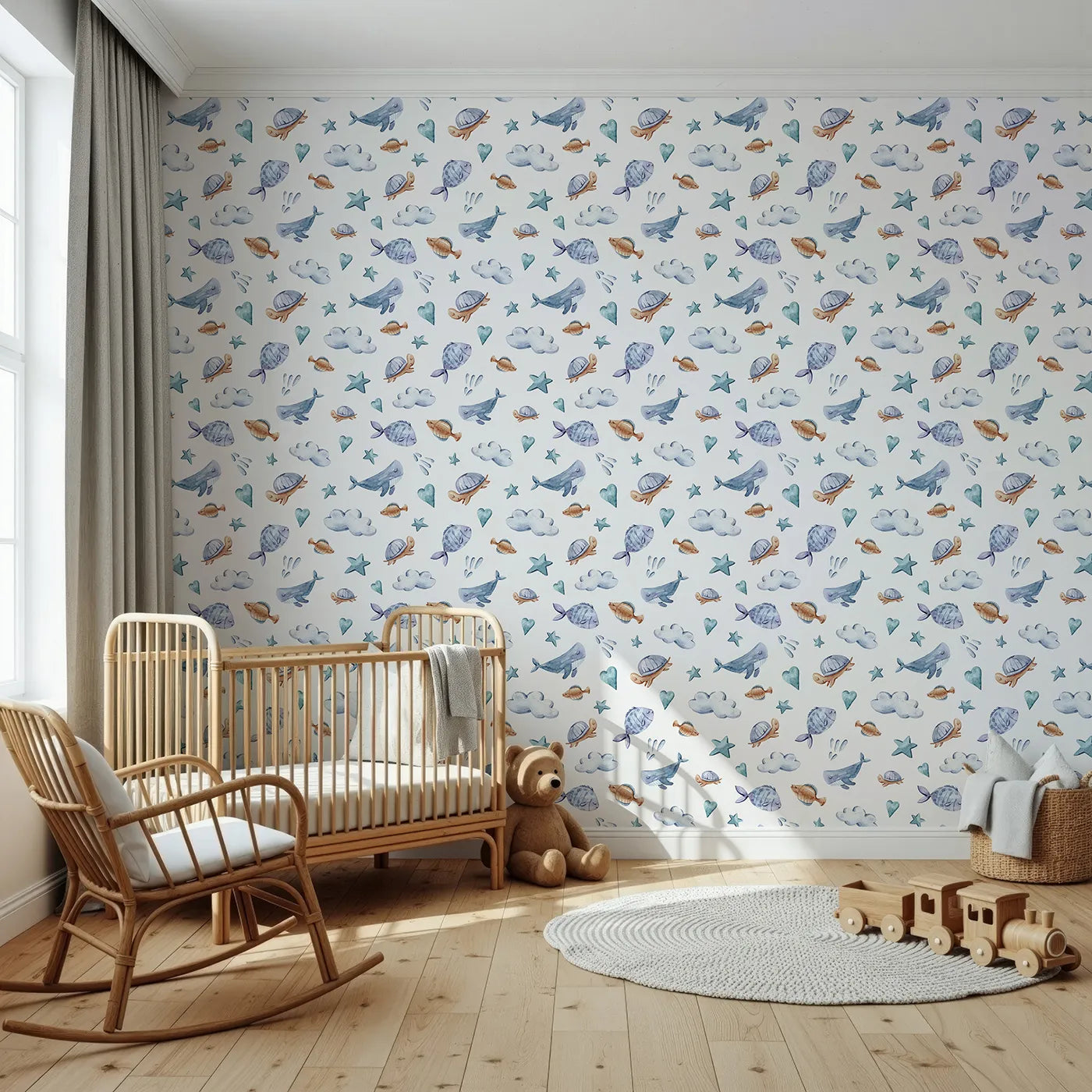 Front view of Whimsy Tots' Sleepy Sea Sky Wallpaper in White