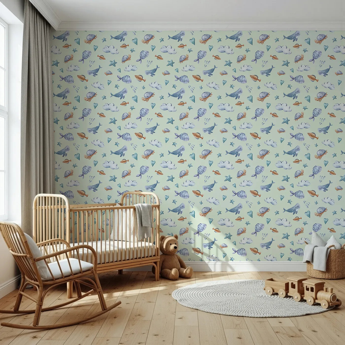 Front view of Whimsy Tots' Sleepy Sea Sky Wallpaper in Mint Green